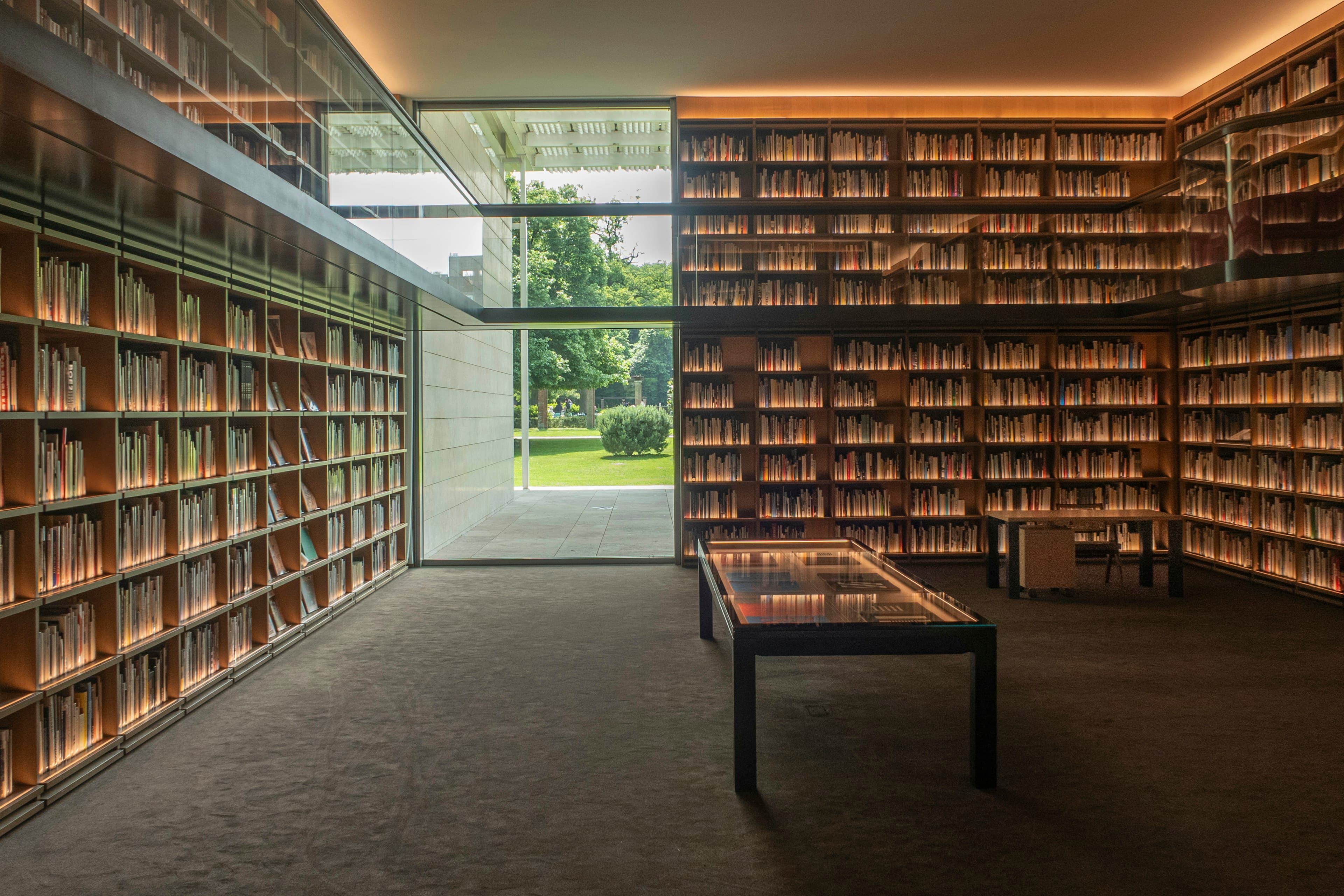 Bibliothèque moderne aux rayonnages de bois